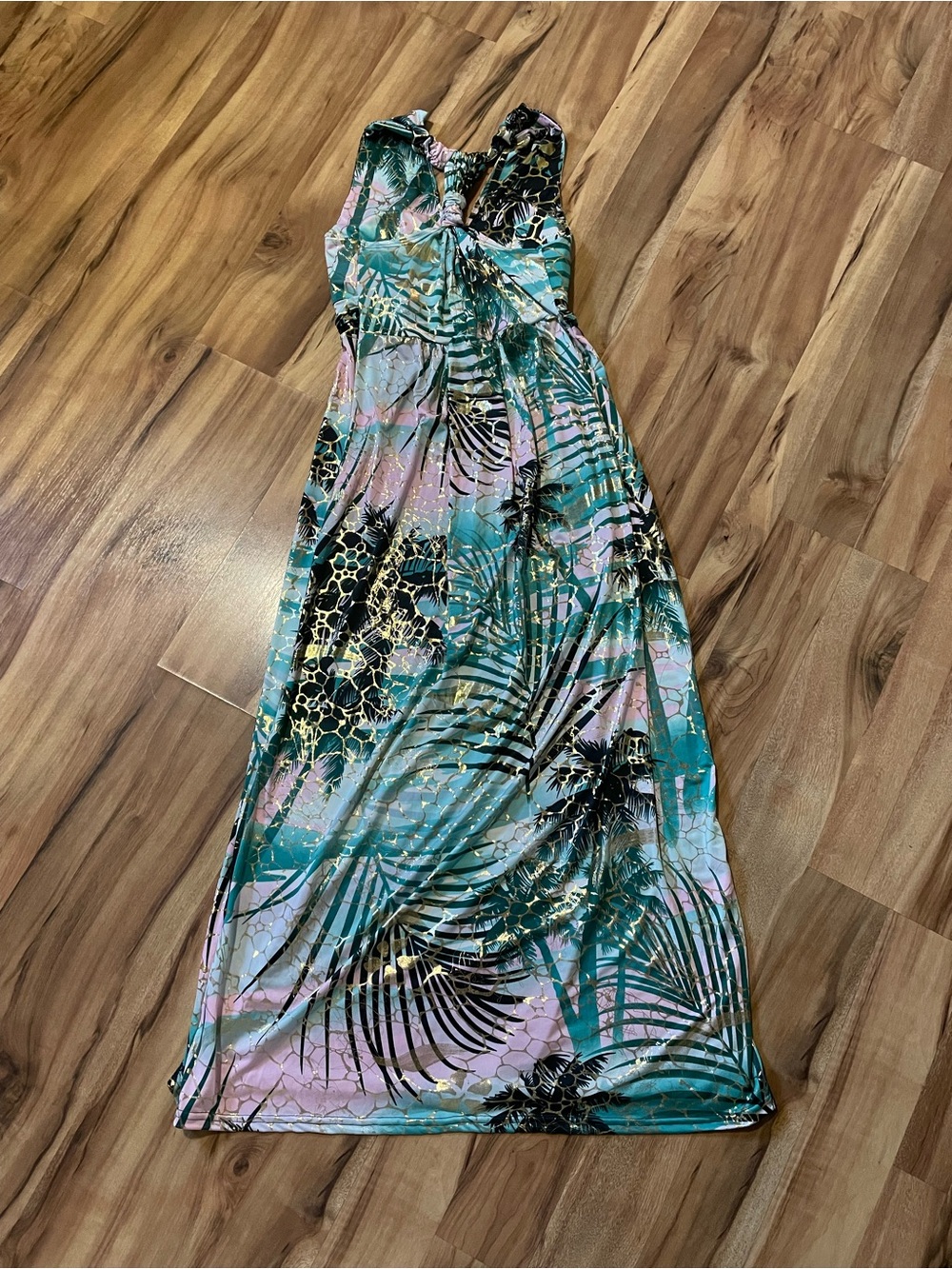 Shoreline Wear Tropical Teal Gold Foil Metallic Halter Maxi Dress S/M - Picture 2 of 9